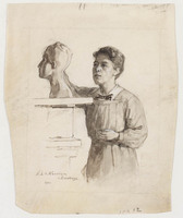 KT 2331
<br/>
Portret van de beeldhouwster Therese van Hall 3/4 staande bij een sculptuur ten halve lijve
<br/>
<em>Woutersen van Doesburgh, Elsa Louisa Hannelina (1875-1957)</em>